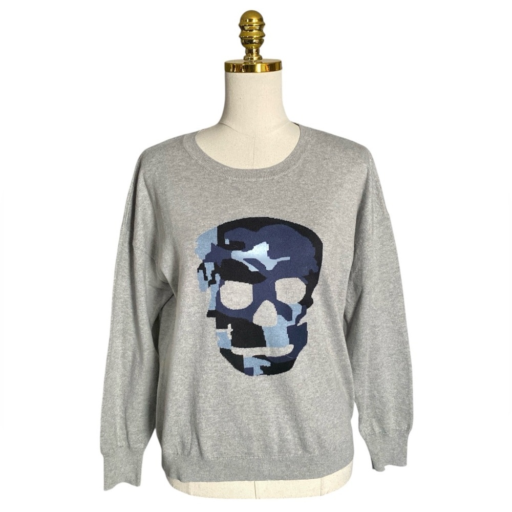 J Society Women Grey Blue Skull Camouflage Crewneck Long Sleeve Sweater Large